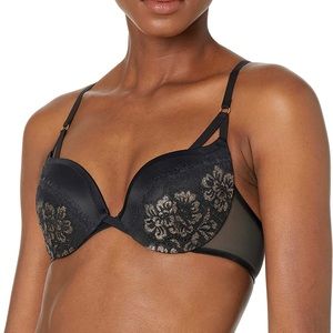 Maidenform Underwire Demi Bra Lace-Trim Bra w/Push-Up Cups Black/Gold Sz 38D